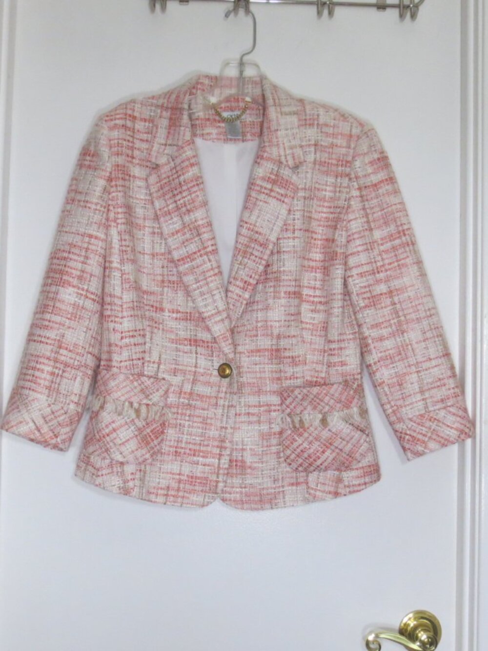 Cach'e Jacket Cream Coral Woven Textured Classic Sculpted Blazer RN#74578 Size 8